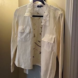 Unique collared knit and lace cardigan with pearl button detail